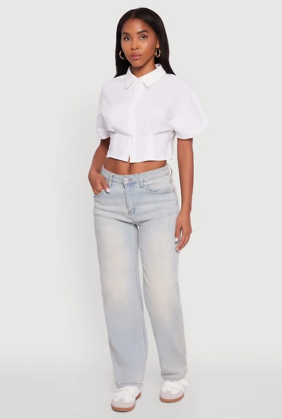 Womens Fixed Cuff Cropped Button Front Shirt, White, Size S