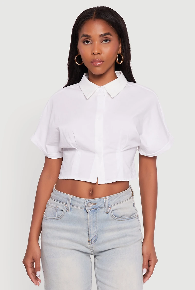 Womens Fixed Cuff Cropped Button Front Shirt, White, Size L