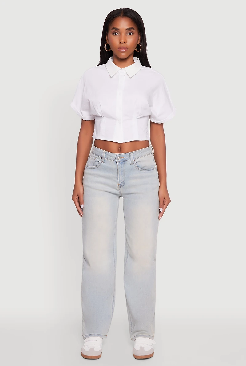 Womens Fixed Cuff Cropped Button Front Shirt, White, Size S