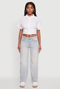 Womens Fixed Cuff Cropped Button Front Shirt, White, Size S