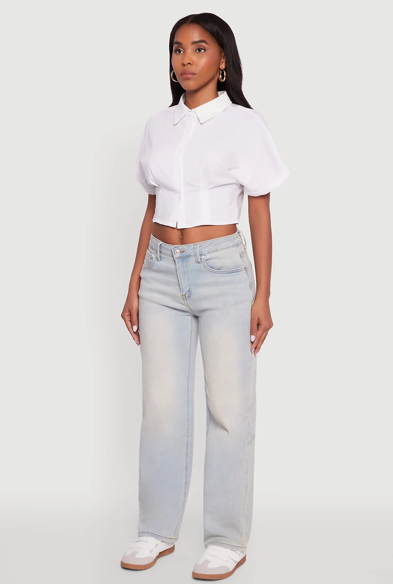 Womens Fixed Cuff Cropped Button Front Shirt, White, Size S