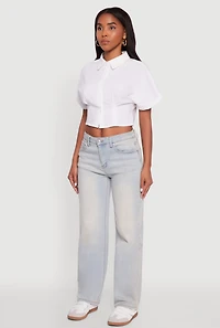 Womens Fixed Cuff Cropped Button Front Shirt, White, Size S