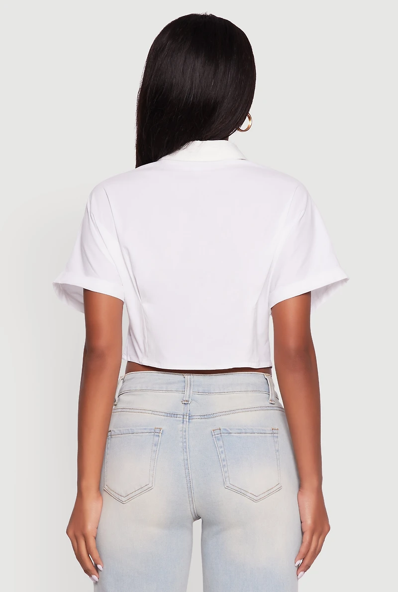 Womens Fixed Cuff Cropped Button Front Shirt, White, Size S