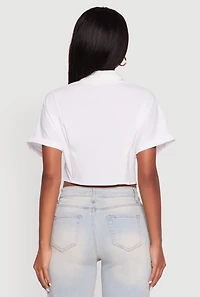 Womens Fixed Cuff Cropped Button Front Shirt, White, Size S