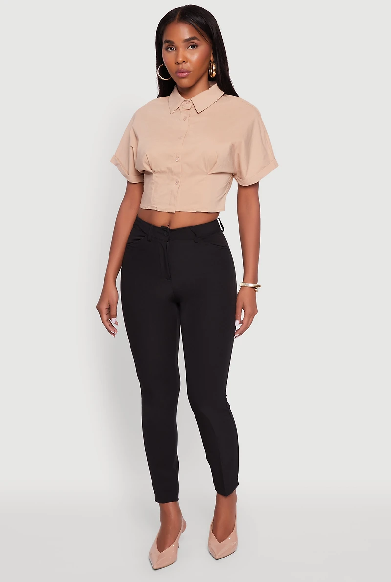 Womens Fixed Cuff Cropped Button Front Shirt,