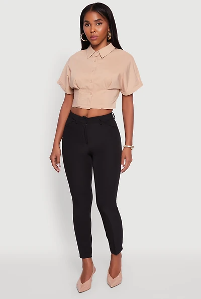 Womens Fixed Cuff Cropped Button Front Shirt,