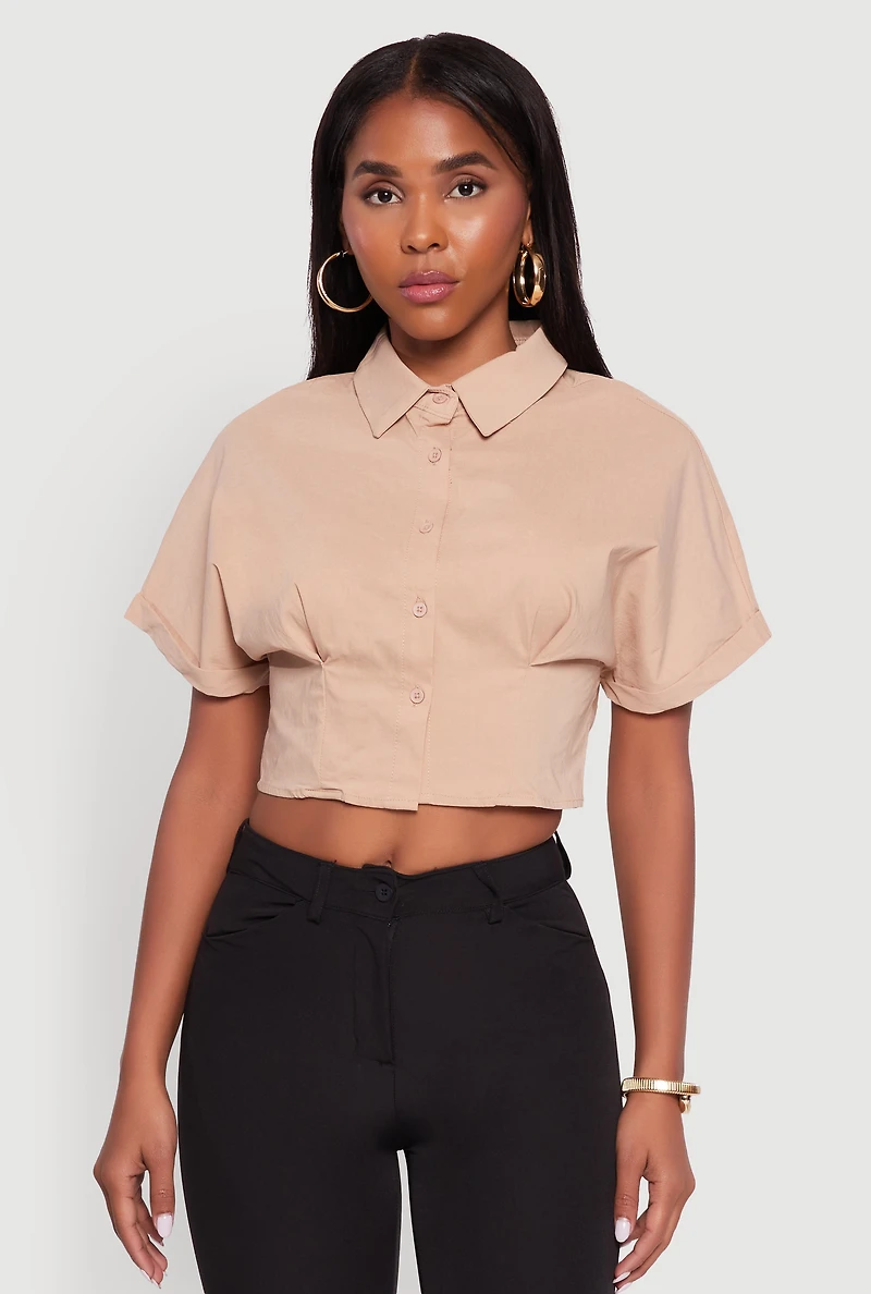 Womens Fixed Cuff Cropped Button Front Shirt,