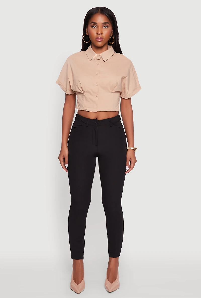 Womens Fixed Cuff Cropped Button Front Shirt,