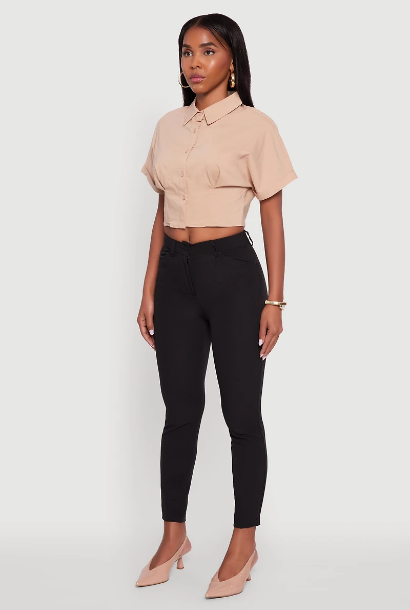 Womens Fixed Cuff Cropped Button Front Shirt,