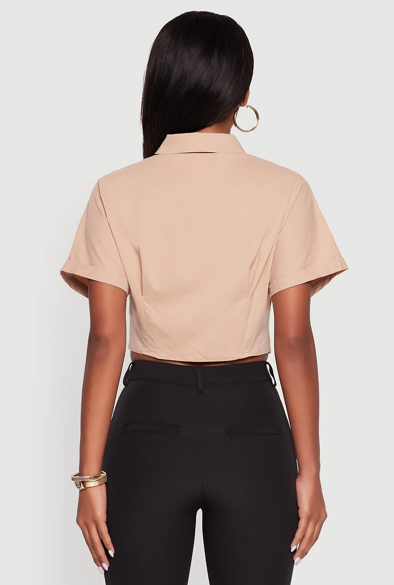 Womens Fixed Cuff Cropped Button Front Shirt,