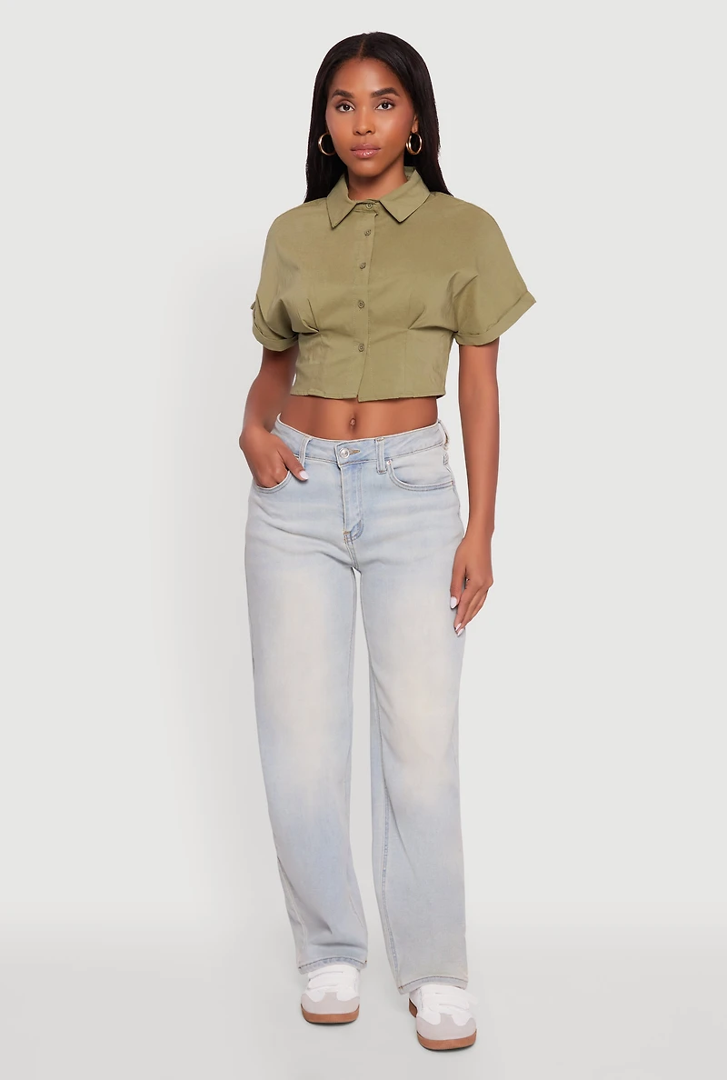 Womens Fixed Cuff Cropped Button Front Shirt, Green, Size M