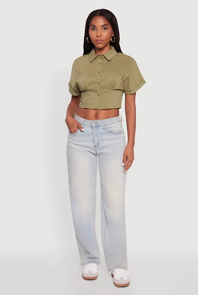 Womens Fixed Cuff Cropped Button Front Shirt, Green, Size M