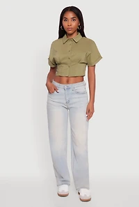 Womens Fixed Cuff Cropped Button Front Shirt, Green, Size M
