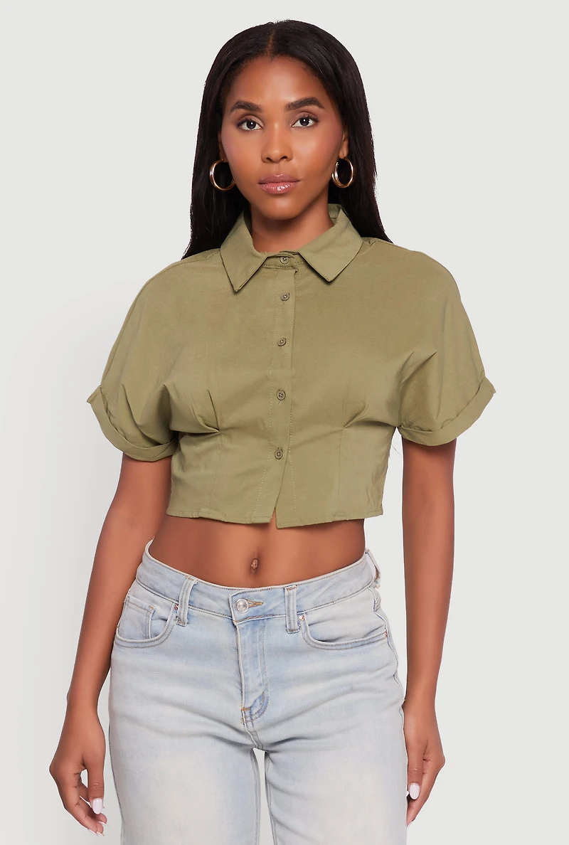 Womens Fixed Cuff Cropped Button Front Shirt, Green, Size M