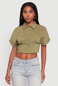 Womens Fixed Cuff Cropped Button Front Shirt, Green, Size M