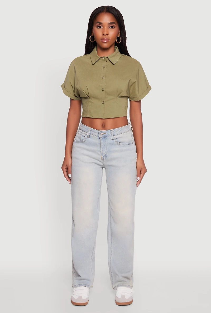Womens Fixed Cuff Cropped Button Front Shirt, Green, Size M