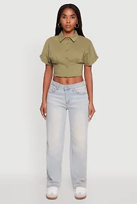 Womens Fixed Cuff Cropped Button Front Shirt, Green, Size M