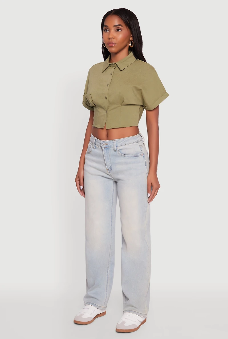 Womens Fixed Cuff Cropped Button Front Shirt, Green, Size S