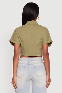 Womens Fixed Cuff Cropped Button Front Shirt, Green, Size M