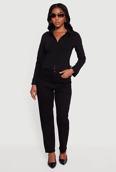 Womens Side Tie Long Sleeve Button Front Shirt, Black, Size M