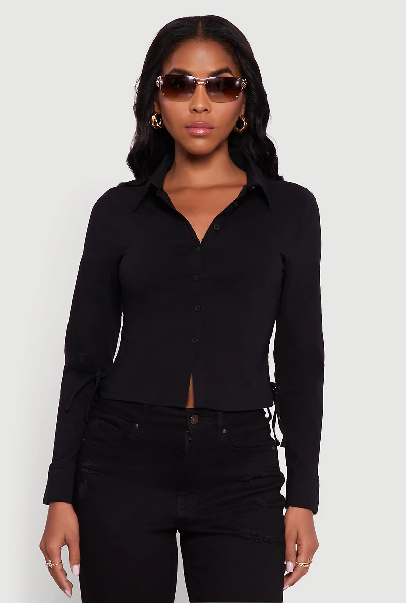 Womens Side Tie Long Sleeve Button Front Shirt, Black, Size M