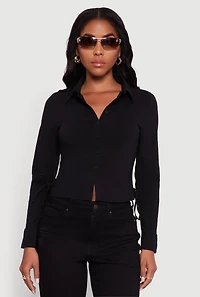 Womens Side Tie Long Sleeve Button Front Shirt, Black, Size M