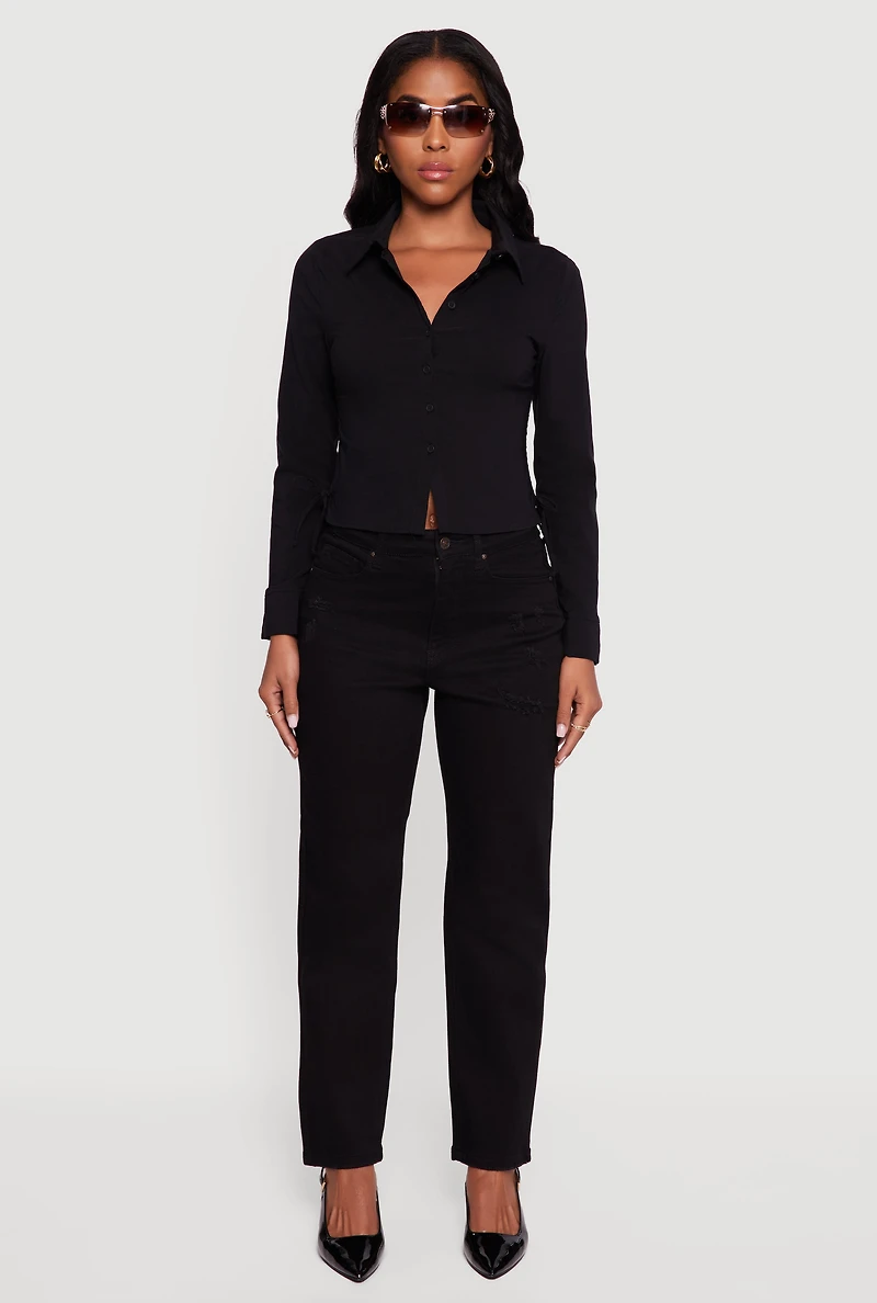 Womens Side Tie Long Sleeve Button Front Shirt, Black, Size M