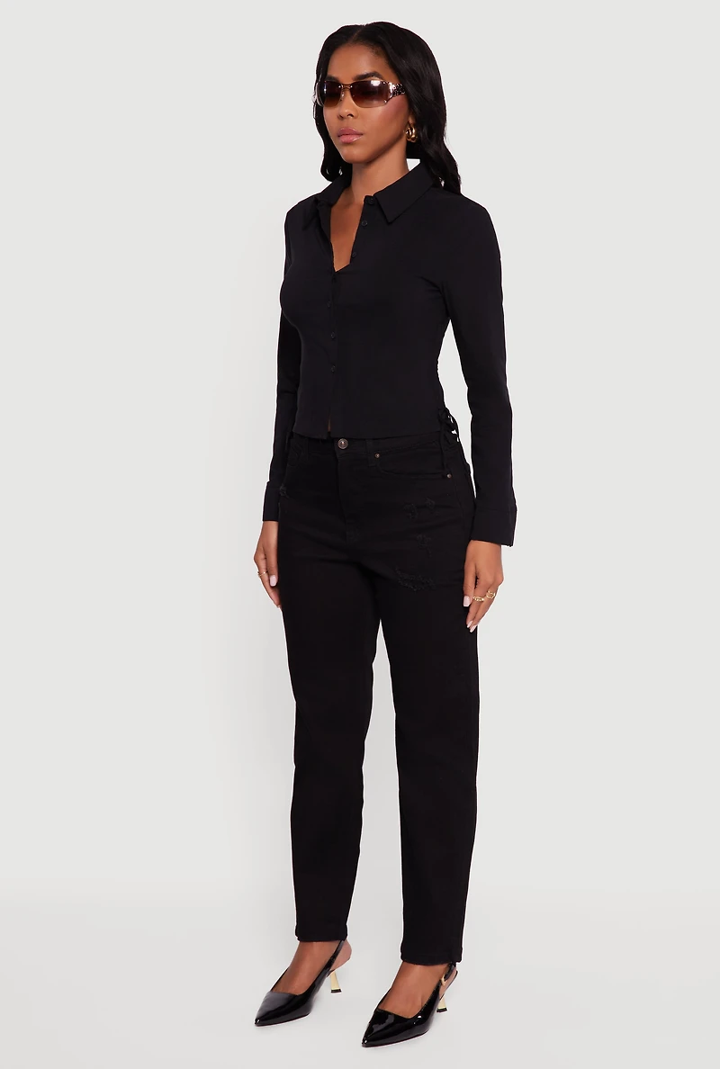 Womens Side Tie Long Sleeve Button Front Shirt, Black, Size M