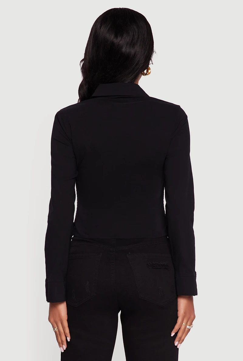 Womens Side Tie Long Sleeve Button Front Shirt, Black, Size L