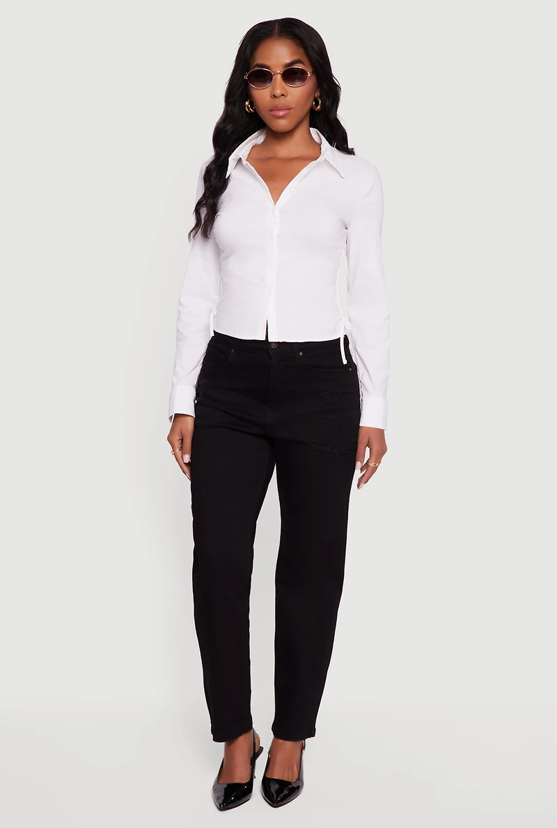 Womens Side Tie Long Sleeve Button Front Shirt, White, Size L
