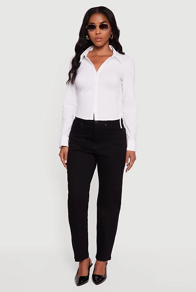 Womens Side Tie Long Sleeve Button Front Shirt, White, Size L