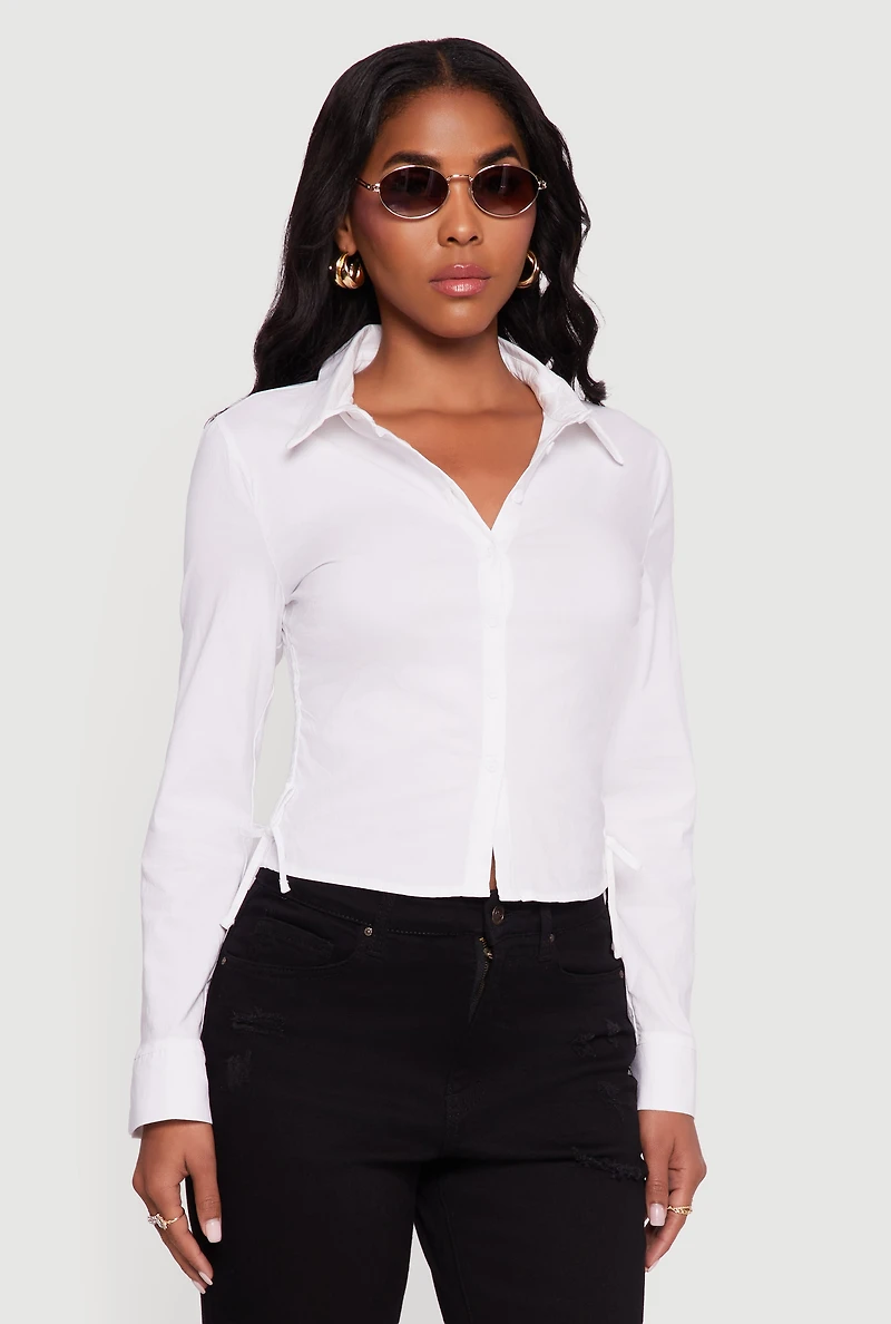 Womens Side Tie Long Sleeve Button Front Shirt, White, Size L