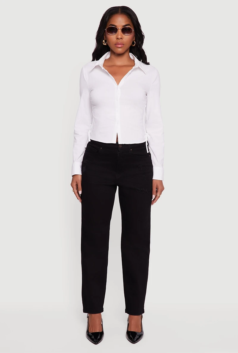 Womens Side Tie Long Sleeve Button Front Shirt, White, Size L