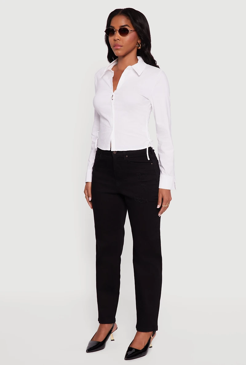 Womens Side Tie Long Sleeve Button Front Shirt, White, Size L