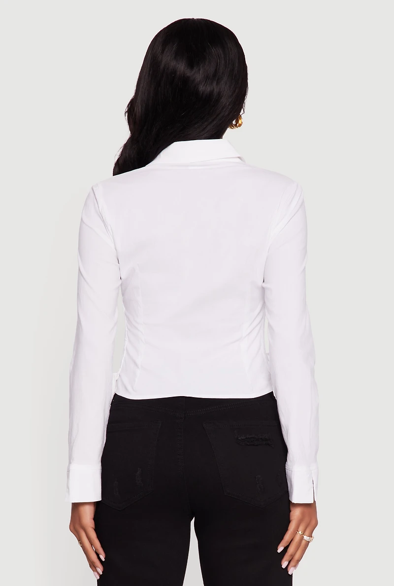 Womens Side Tie Long Sleeve Button Front Shirt, White, Size L