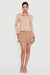Womens Side Tie Long Sleeve Button Front Shirt, Beige, Size L