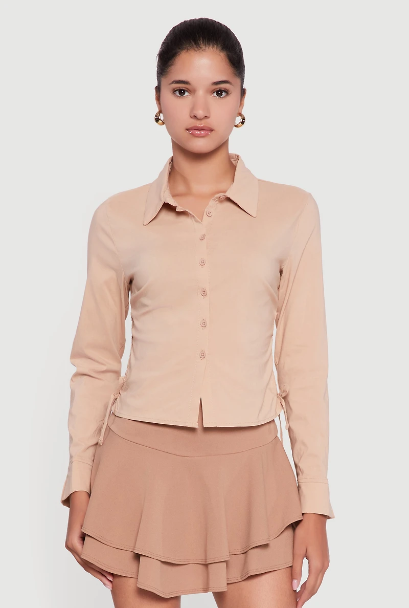 Womens Side Tie Long Sleeve Button Front Shirt, Beige, Size L