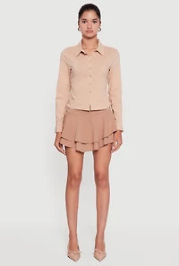 Womens Side Tie Long Sleeve Button Front Shirt, Beige, Size L