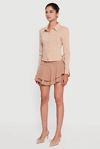Womens Side Tie Long Sleeve Button Front Shirt, Beige, Size L