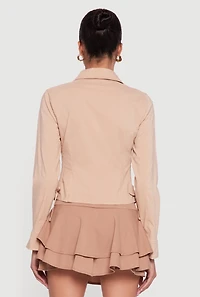 Womens Side Tie Long Sleeve Button Front Shirt, Beige, Size L