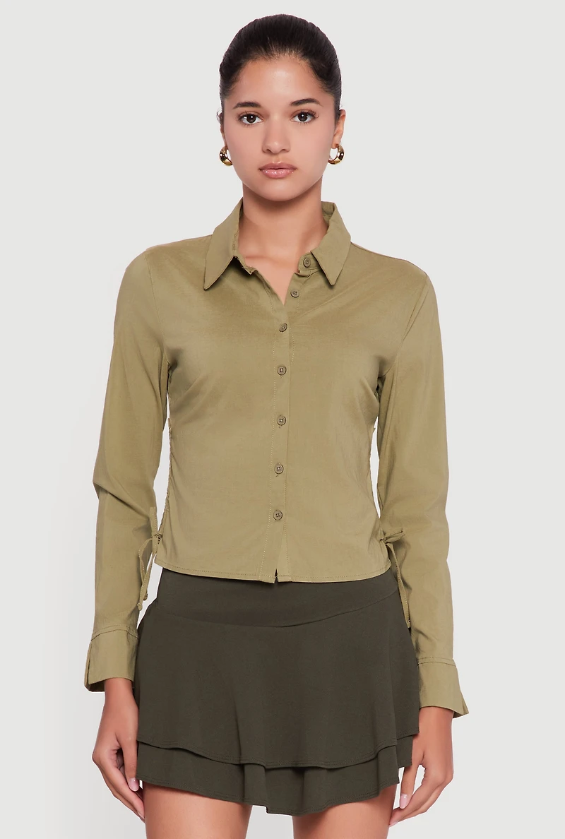 Side Tie Long Sleeve Button Front Shirt