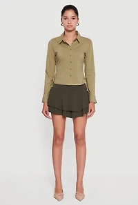 Womens Side Tie Long Sleeve Button Front Shirt, Green, Size L