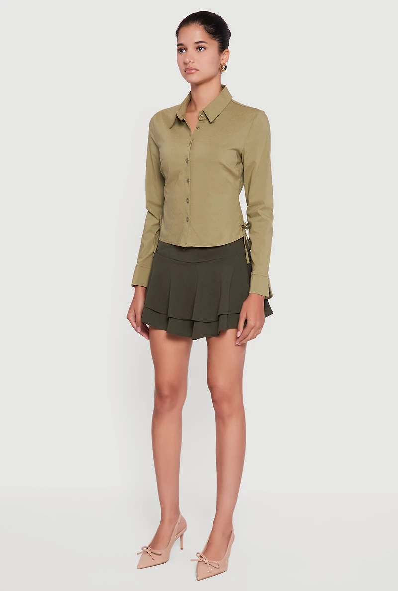 Womens Side Tie Long Sleeve Button Front Shirt, Green, Size L