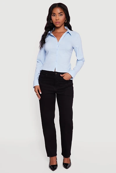 Womens Side Tie Long Sleeve Button Front Shirt, Black,