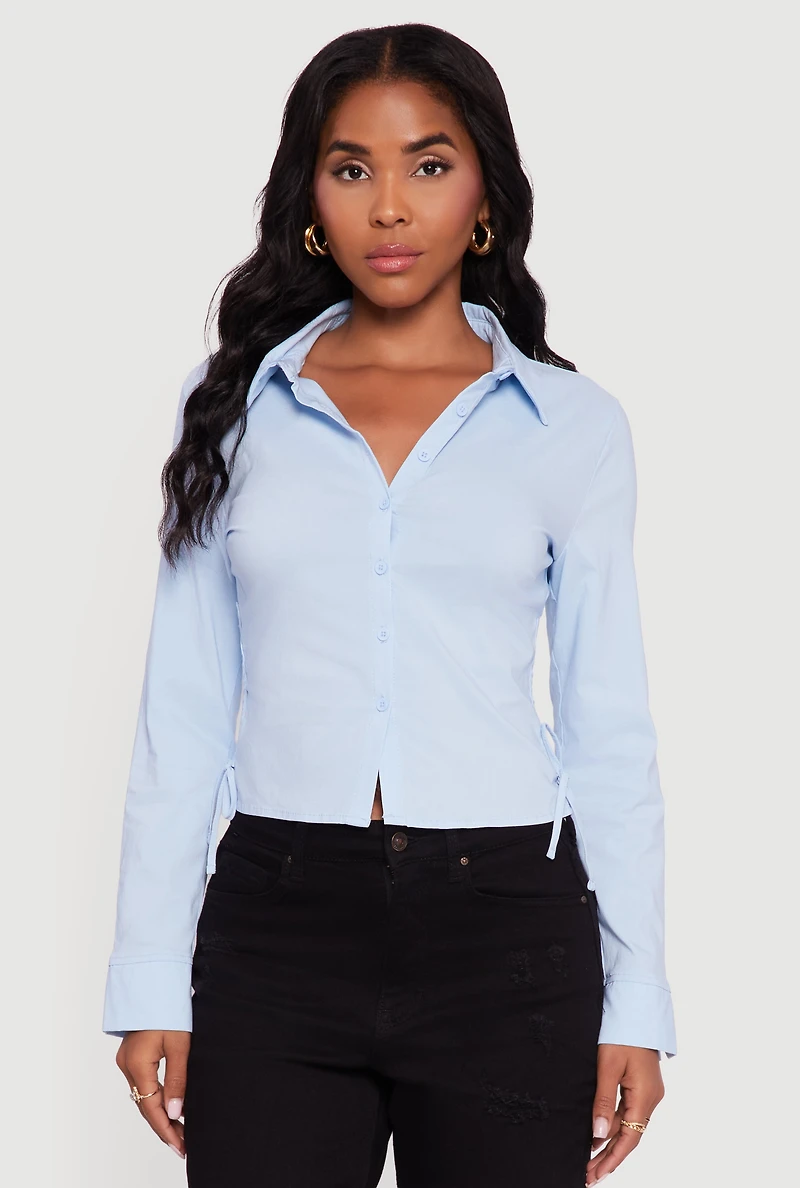 Side Tie Long Sleeve Button Front Shirt