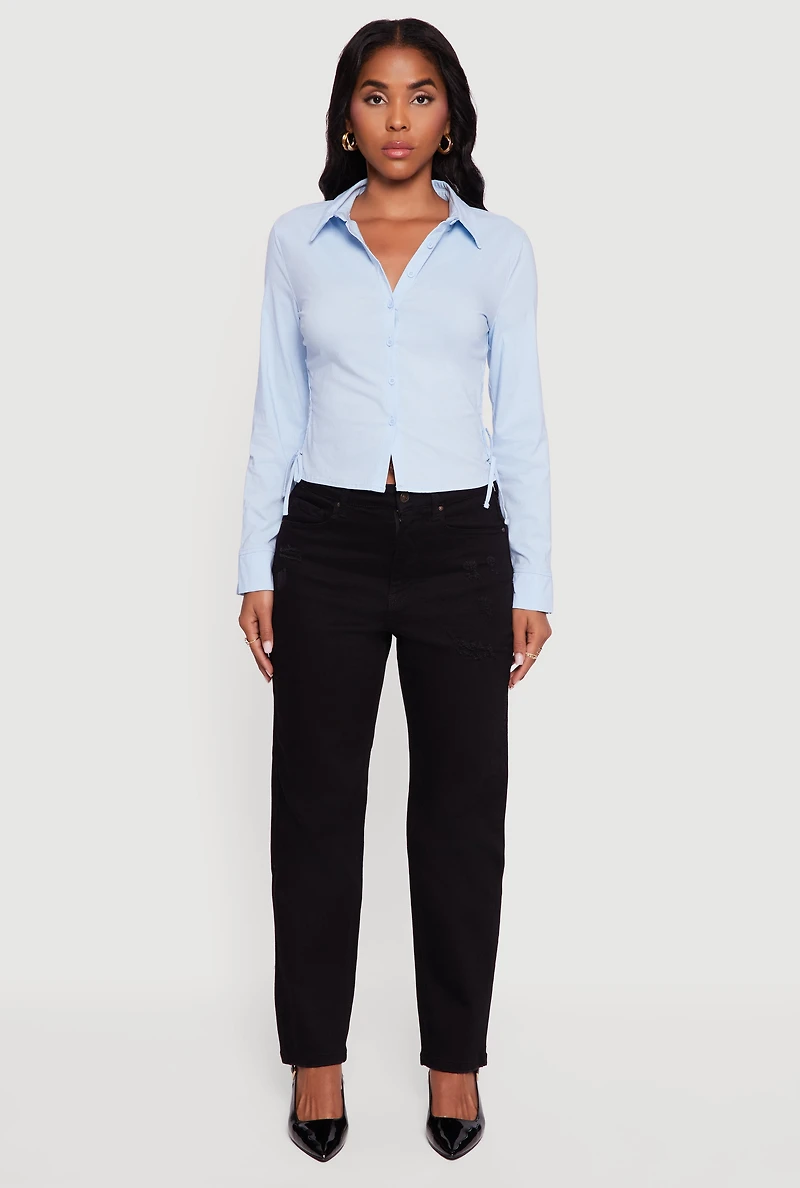 Side Tie Long Sleeve Button Front Shirt