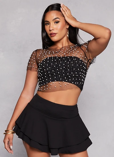 Haute Monde Mesh Rhinestone Faux Pearl Short Sleeve Top