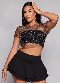 Haute Monde Mesh Rhinestone Faux Pearl Short Sleeve Top