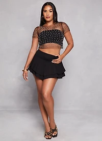 Womens Haute Monde Mesh Rhinestone Faux Pearl Short Sleeve Top,