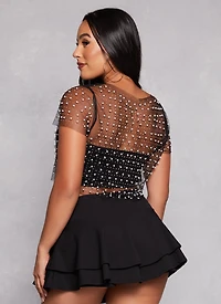 Womens Haute Monde Mesh Rhinestone Faux Pearl Short Sleeve Top,